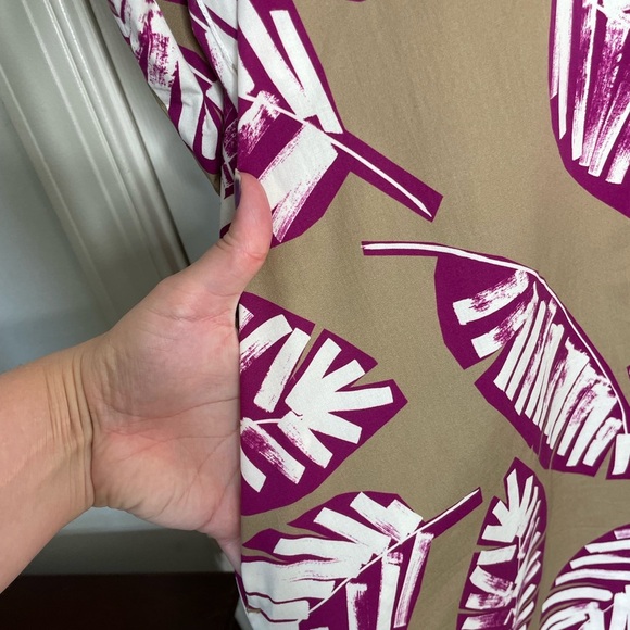 Marina Rinaldi Voyage Tan & Magenta Leaf Print A-Line Midi Dress – Resort Chic - Picture 3 of 13